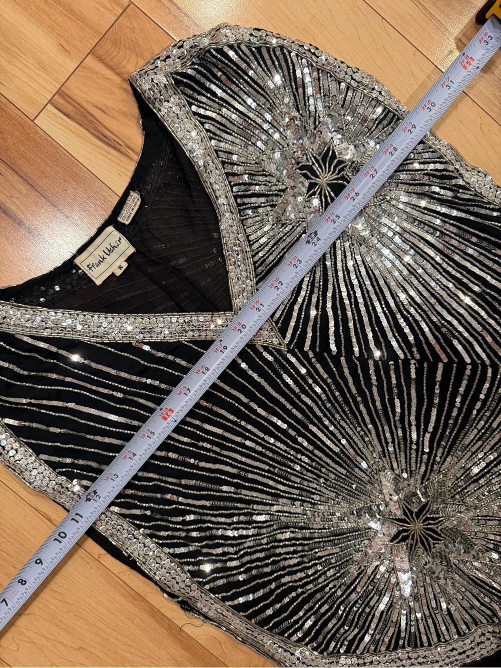 Frank Usher Art Deco Sequin Beaded Top Silver Sequin & Beads 100% Black Silk S - Picture 13 of 15